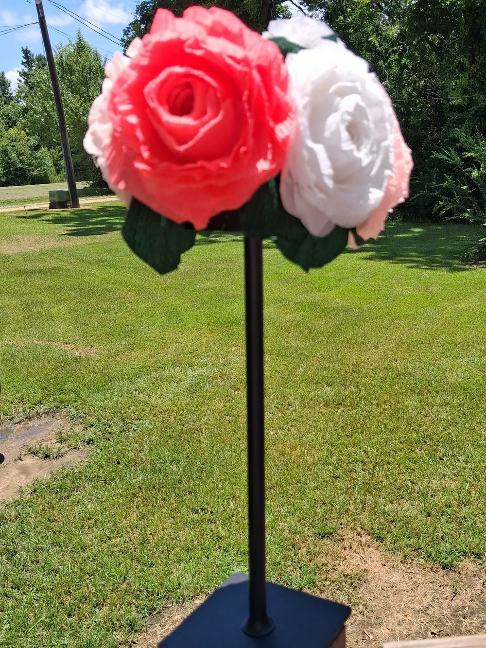 Italian Crepe Paper Roses On Rechargeable Lamp - Coral & White- Touch Lamp